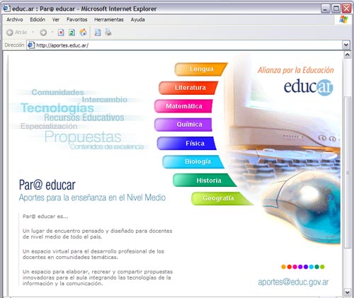 Impresión de pantalla de la página principal de Par@ educar